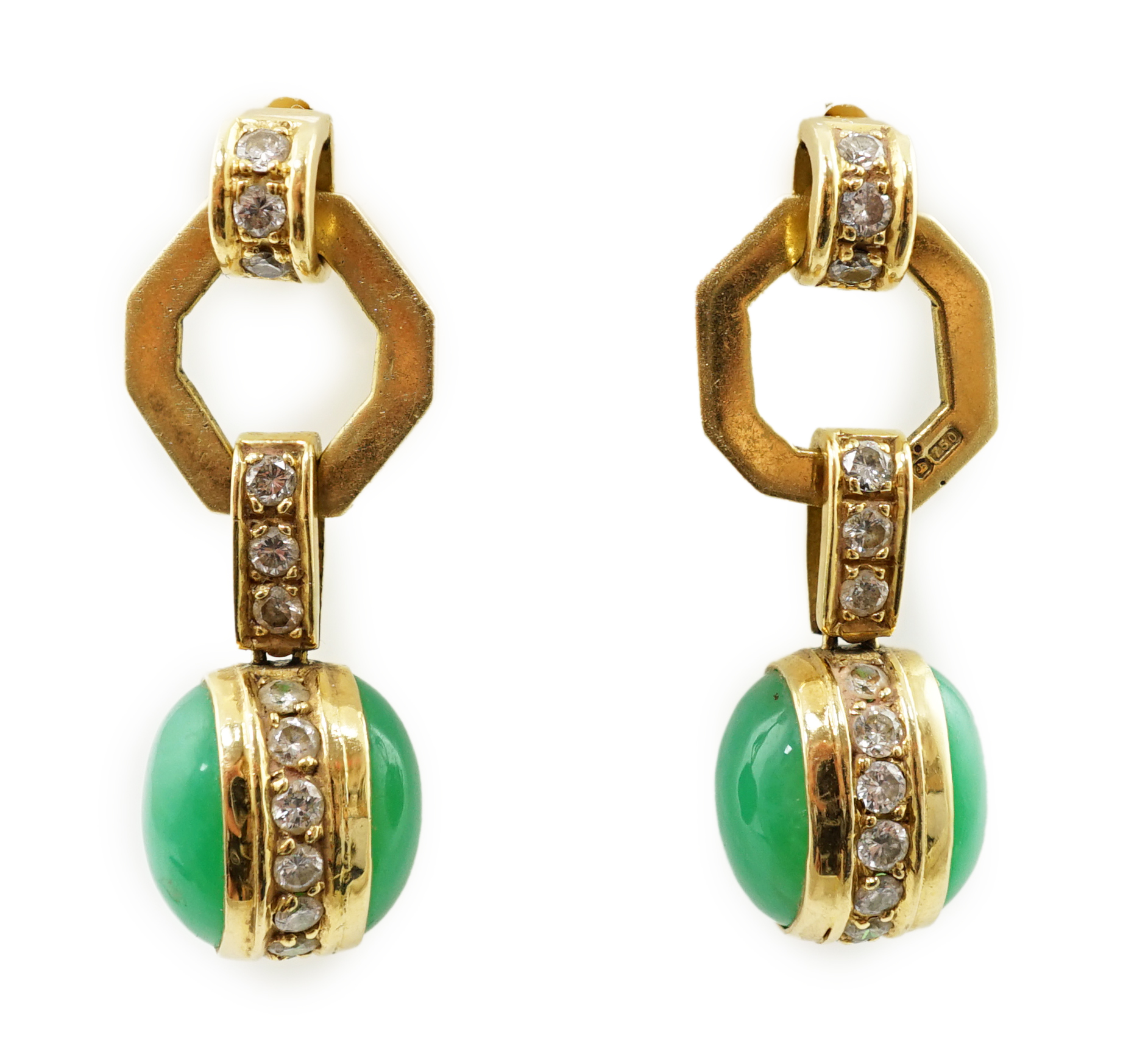 A modern pair of 18ct gold, cabochon jadeite diamond cluster set drop earrings